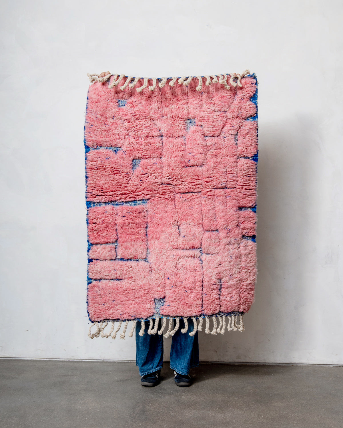 Modern, designer, handcrafted Berber rug from Morocco. Beniourain carpet with beautiful colours and patterns and fluffy wool texture.